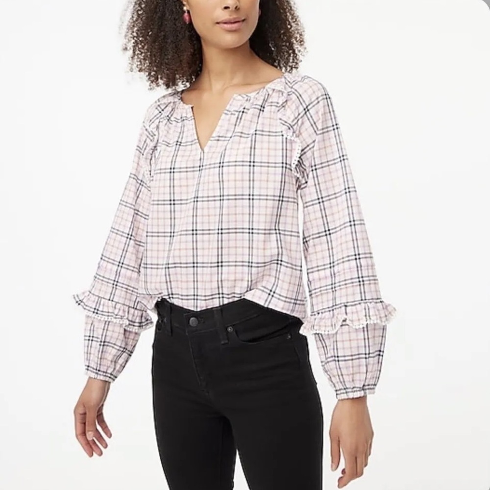 J. Crew Plaid ruffle-trim peasant top ivory warm rose pink white BK408 x-small